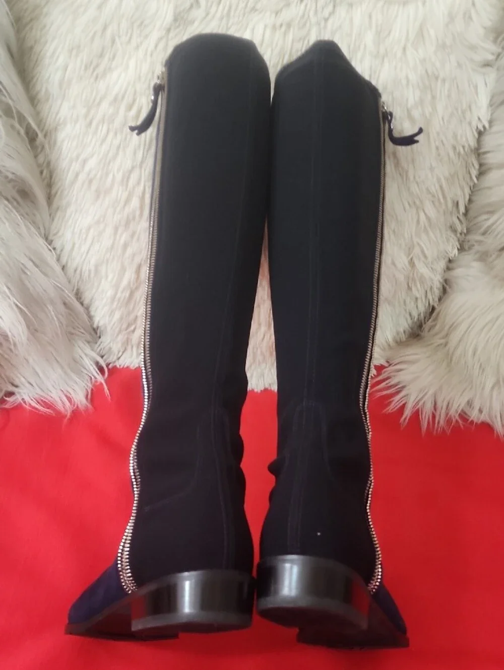 Stuart Weitzman Navy Suede Knee High Boots with Silver Zippers